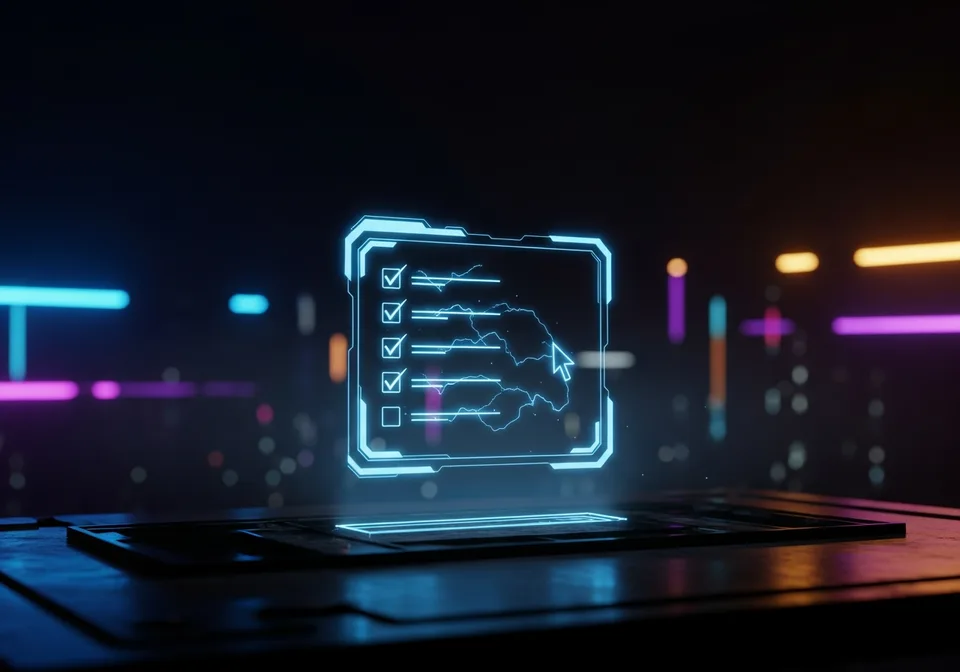 A glowing electric-blue holographic checklist hovering over a dark desk, each item ticked off, evoking a careful pre-launch shakedown