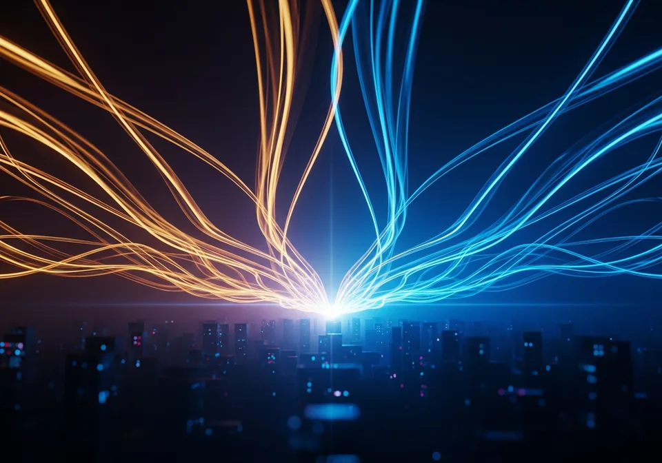Amber and electric-blue light conduits converging into a single bright point coming online above a dark near-future skyline, evoking a controlled go-live
