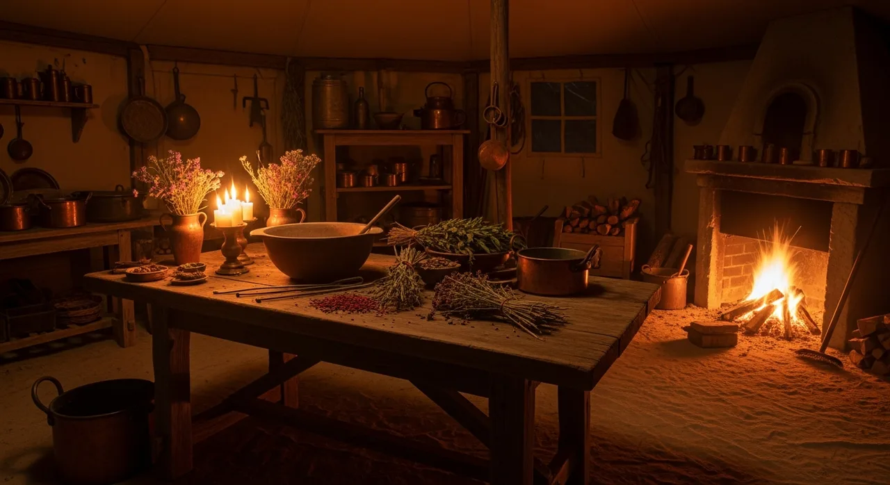 An 18th-century military camp cook's tent by candlelight, herbs and copper pots