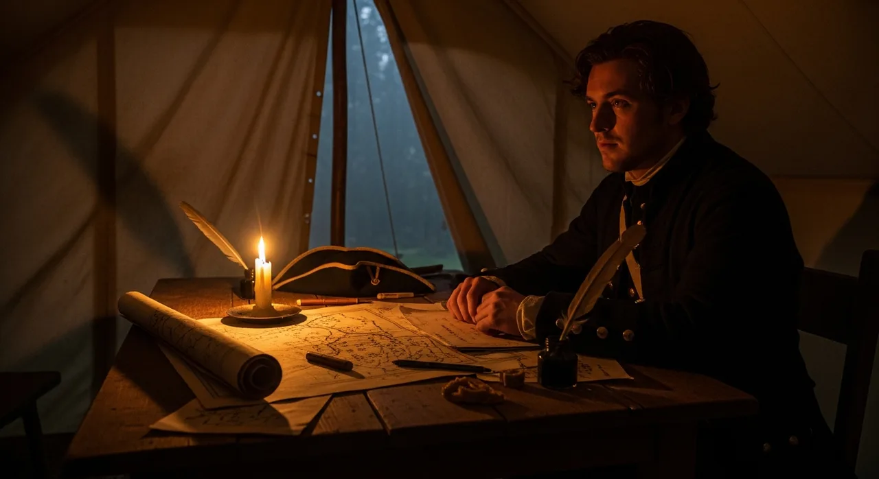 A candlelit Jacobite command tent strewn with maps the night before battle